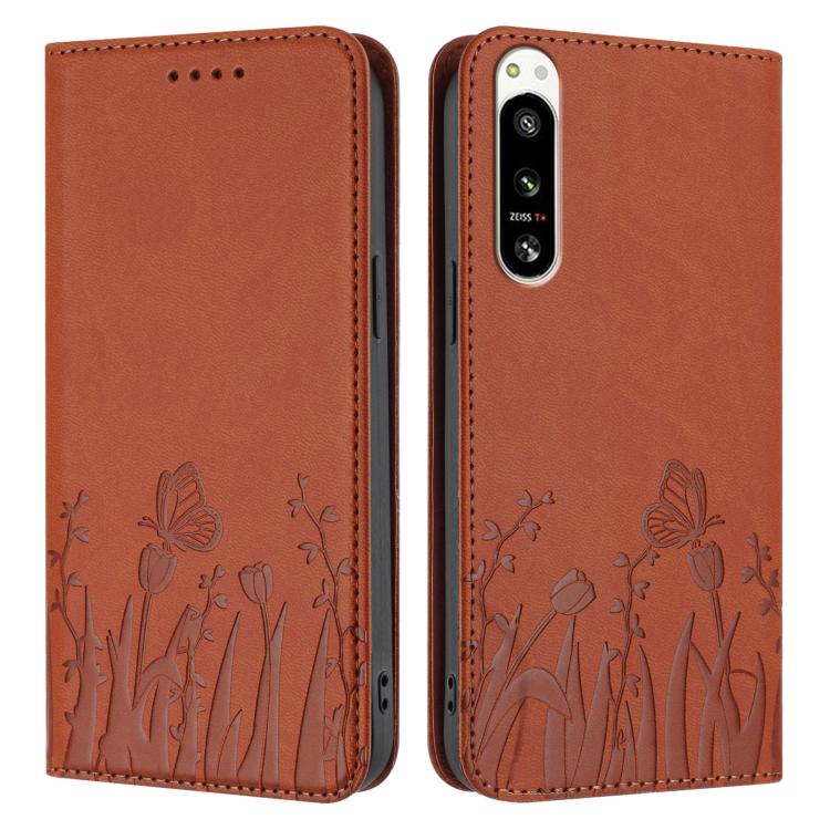 For Sony Xperia 5 IV Tulips Butterfly Pattern Magnetic Vegan Leather Phone Case