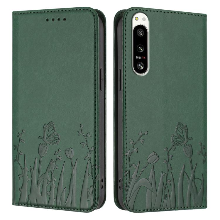 For Sony Xperia 5 IV Tulips Butterfly Pattern Magnetic Vegan Leather Phone Case