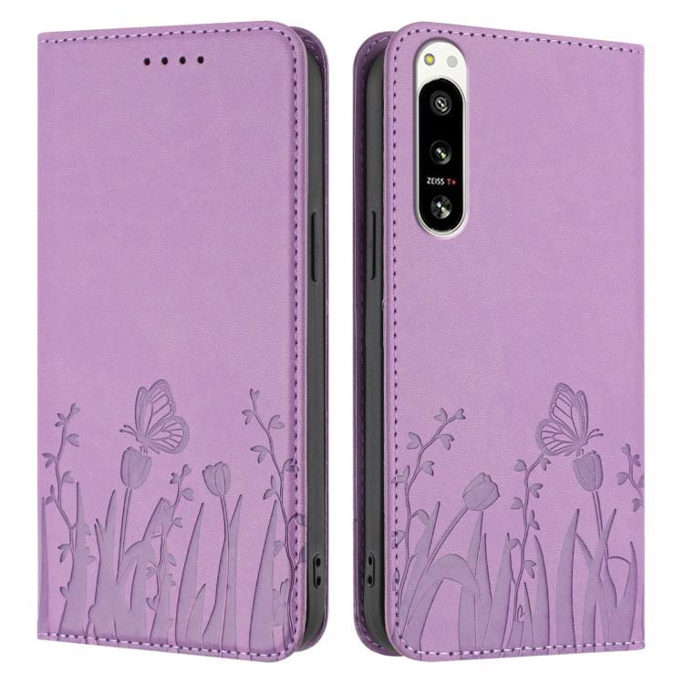 For Sony Xperia 5 IV Tulips Butterfly Pattern Magnetic Vegan Leather Phone Case