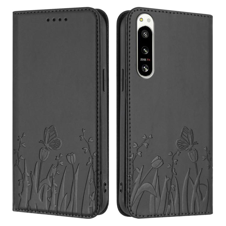 For Sony Xperia 5 IV Tulips Butterfly Pattern Magnetic Vegan Leather Phone Case