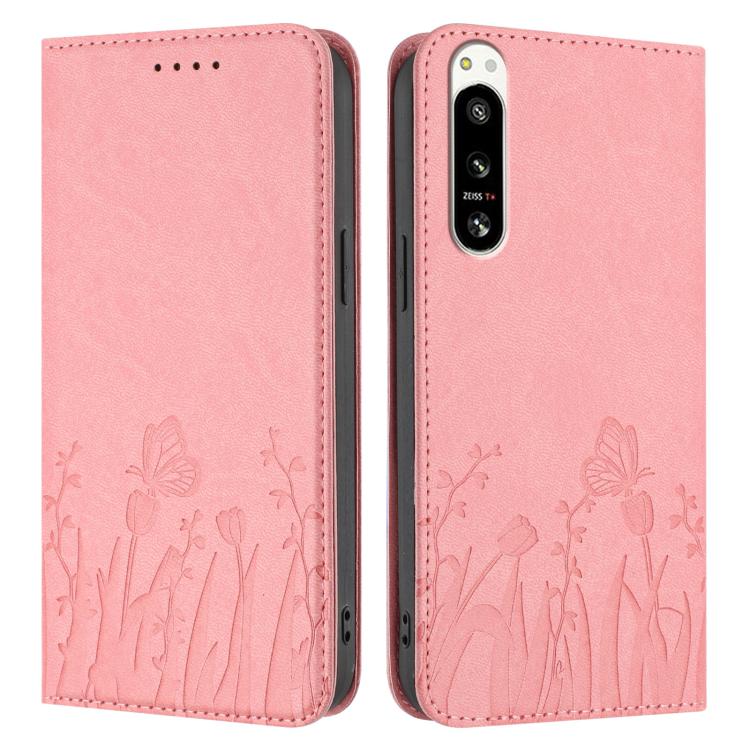 For Sony Xperia 5 IV Tulips Butterfly Pattern Magnetic Vegan Leather Phone Case