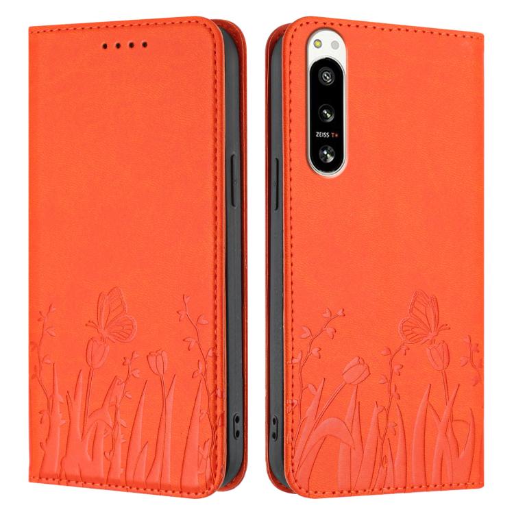 For Sony Xperia 5 IV Tulips Butterfly Pattern Magnetic Vegan Leather Phone Case