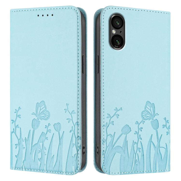 For Sony Xperia 5 V Tulips Butterfly Pattern Magnetic Vegan Leather Phone Case