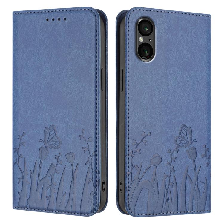 For Sony Xperia 5 V Tulips Butterfly Pattern Magnetic Vegan Leather Phone Case