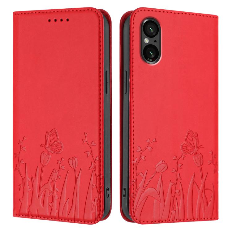 For Sony Xperia 5 V Tulips Butterfly Pattern Magnetic Vegan Leather Phone Case