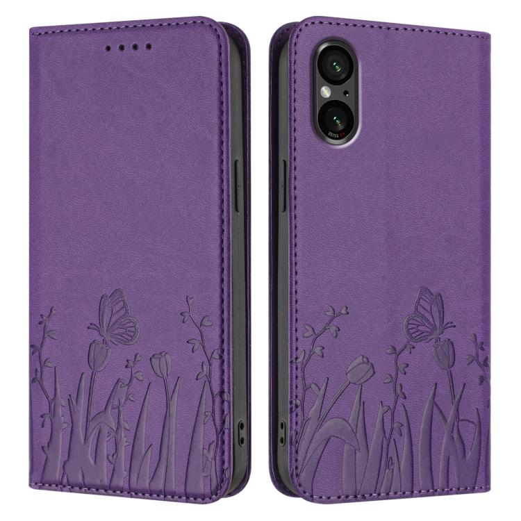 For Sony Xperia 5 V Tulips Butterfly Pattern Magnetic Vegan Leather Phone Case