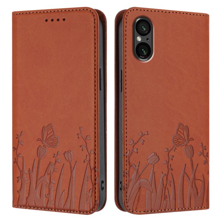 For Sony Xperia 5 V Tulips Butterfly Pattern Magnetic Vegan Leather Phone Case