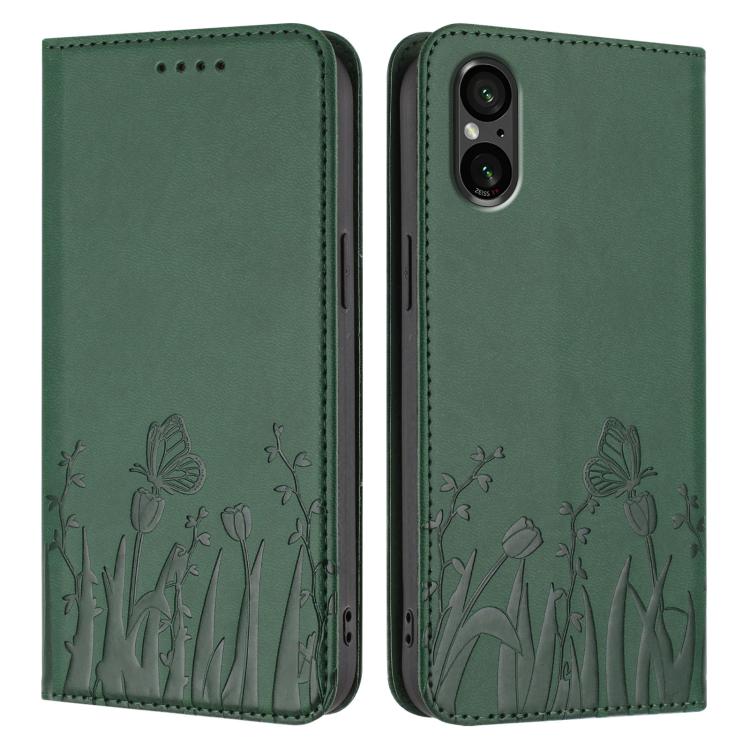 For Sony Xperia 5 V Tulips Butterfly Pattern Magnetic Vegan Leather Phone Case