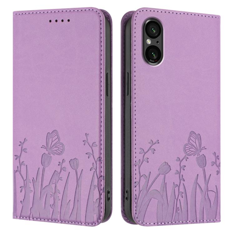 For Sony Xperia 5 V Tulips Butterfly Pattern Magnetic Vegan Leather Phone Case