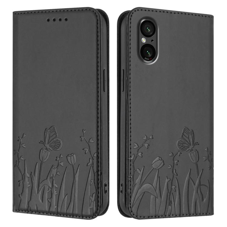 For Sony Xperia 5 V Tulips Butterfly Pattern Magnetic Vegan Leather Phone Case