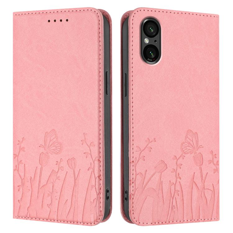 For Sony Xperia 5 V Tulips Butterfly Pattern Magnetic Vegan Leather Phone Case