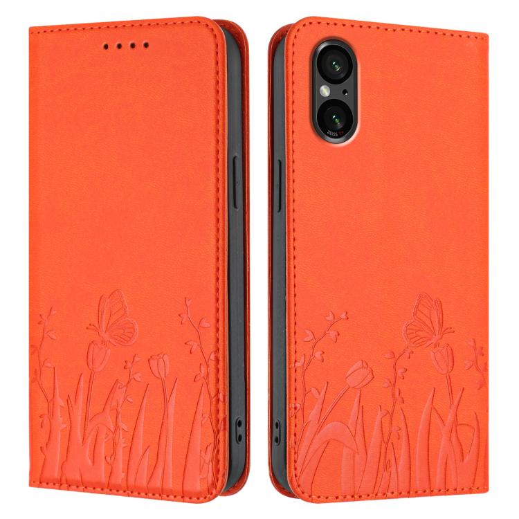 For Sony Xperia 5 V Tulips Butterfly Pattern Magnetic Vegan Leather Phone Case