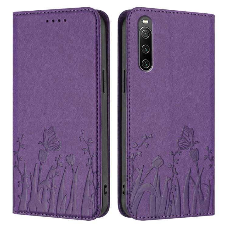 For Sony Xperia 10 IV Tulips Butterfly Pattern Magnetic Vegan Leather Phone Case