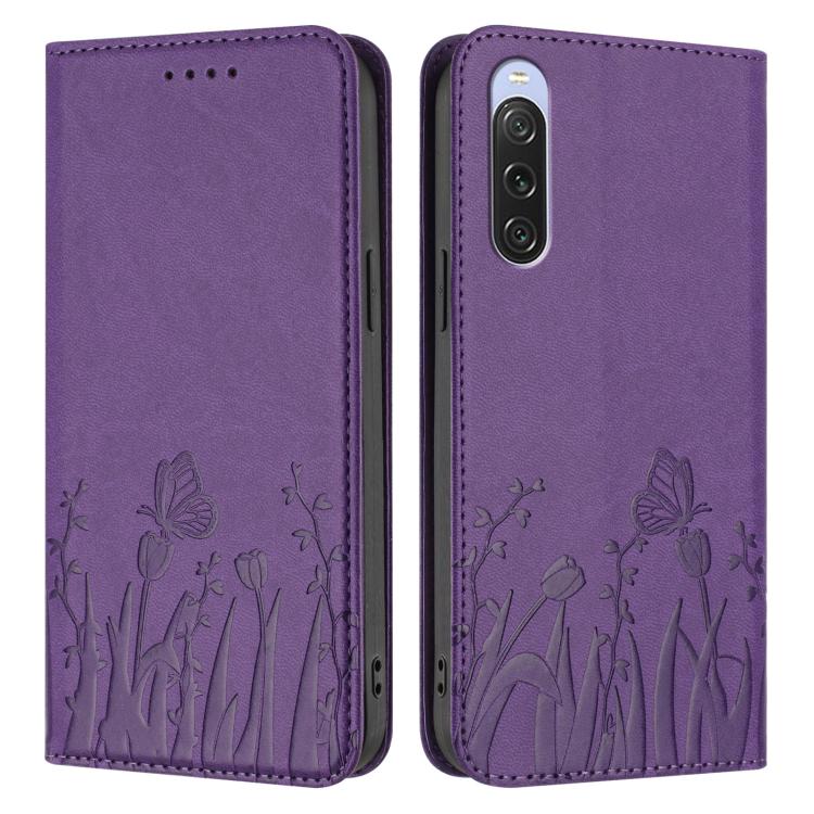 For Sony Xperia 10 V Tulips Butterfly Pattern Magnetic Vegan Leather Phone Case