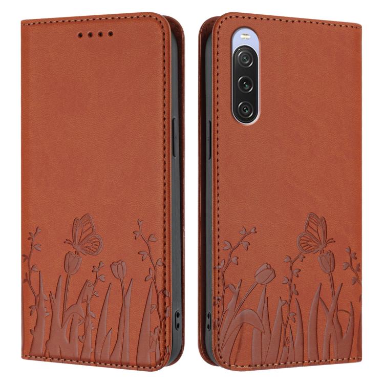For Sony Xperia 10 V Tulips Butterfly Pattern Magnetic Vegan Leather Phone Case