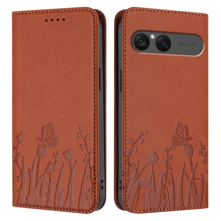 For Sony Xperia 10 VII Tulips Butterfly Pattern Magnetic Vegan Leather Phone Case