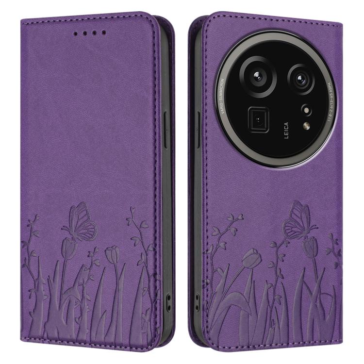 For Sharp Aquos R9 Pro Tulips Butterfly Pattern Magnetic Vegan Leather Phone Case