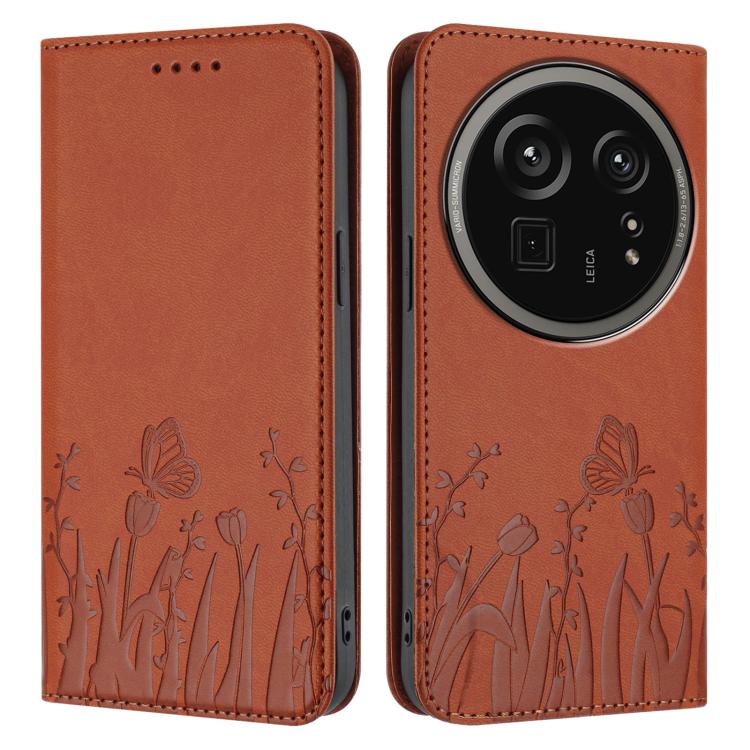 For Sharp Aquos R9 Pro Tulips Butterfly Pattern Magnetic Vegan Leather Phone Case