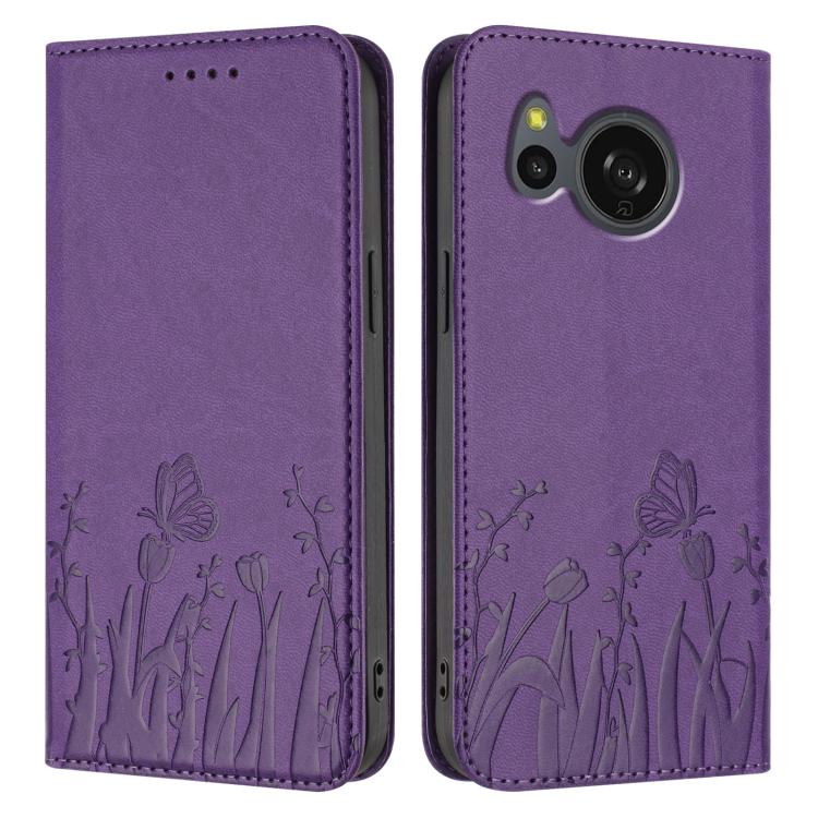 For Sharp Aquos Sense8 SHC11 / SH-54D Tulips Butterfly Pattern Magnetic Vegan Leather Phone Case