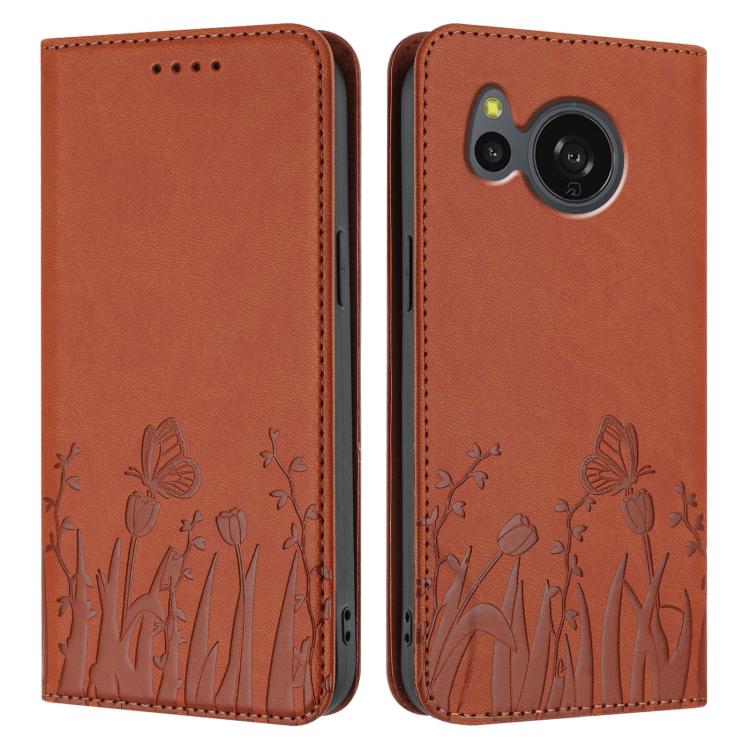 For Sharp Aquos Sense8 SHC11 / SH-54D Tulips Butterfly Pattern Magnetic Vegan Leather Phone Case