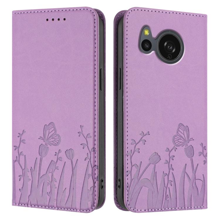 For Sharp Aquos Sense8 SHC11 / SH-54D Tulips Butterfly Pattern Magnetic Vegan Leather Phone Case