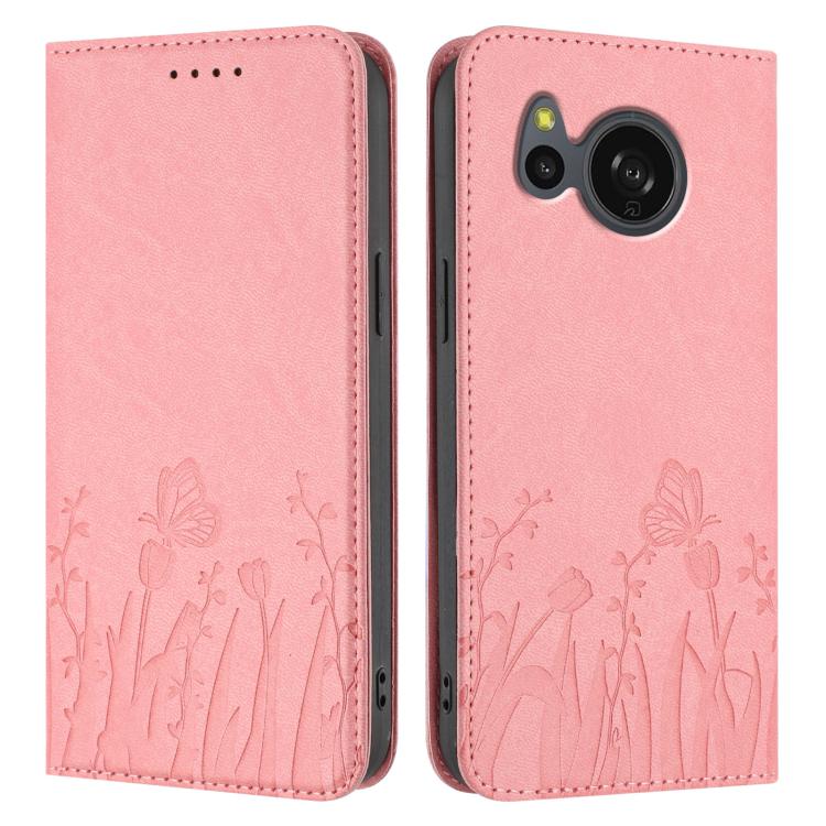For Sharp Aquos Sense8 SHC11 / SH-54D Tulips Butterfly Pattern Magnetic Vegan Leather Phone Case