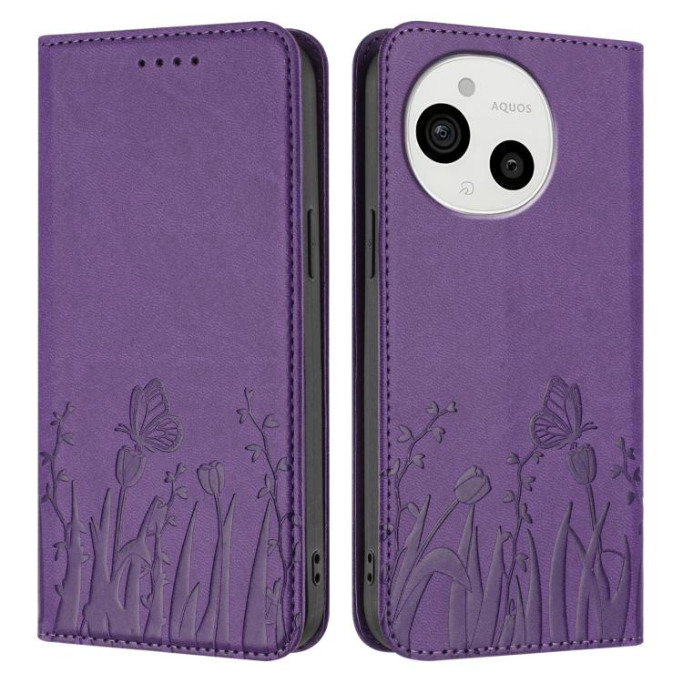 For Sharp Aquos Sense9 Tulips Butterfly Pattern Magnetic Vegan Leather Phone Case
