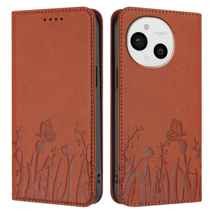 For Sharp Aquos Sense9 Tulips Butterfly Pattern Magnetic Vegan Leather Phone Case