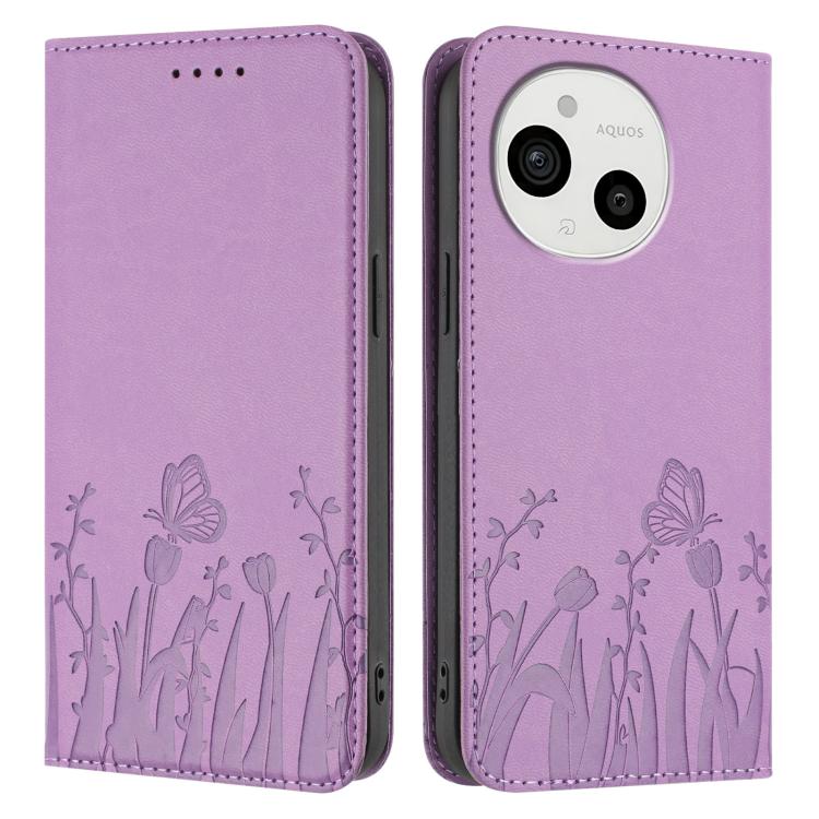 For Sharp Aquos Sense9 Tulips Butterfly Pattern Magnetic Vegan Leather Phone Case