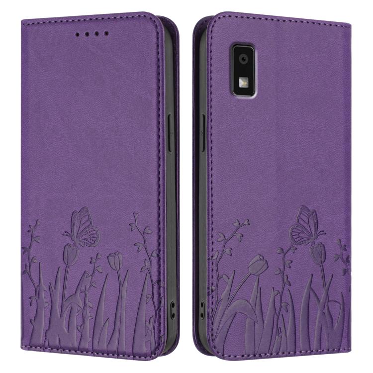 For Sharp Aquos Wish3 Tulips Butterfly Pattern Magnetic Vegan Leather Phone Case