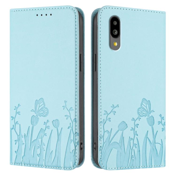 For Sharp Simple Sumaho 6 Tulips Butterfly Pattern Magnetic Vegan Leather Phone Case