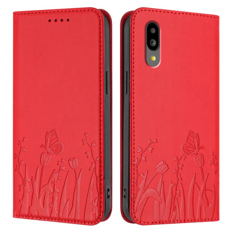 For Sharp Simple Sumaho 6 Tulips Butterfly Pattern Magnetic Vegan Leather Phone Case