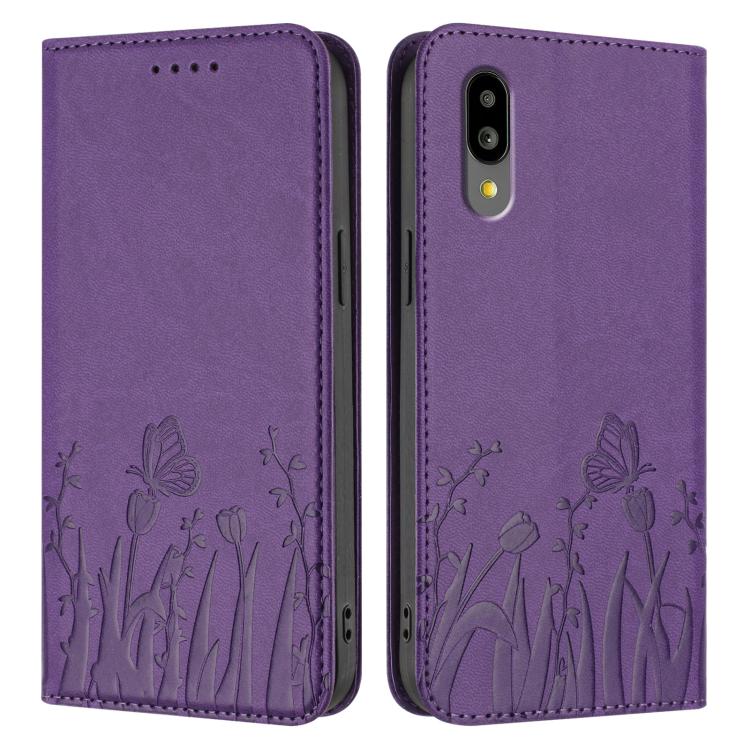For Sharp Simple Sumaho 6 Tulips Butterfly Pattern Magnetic Vegan Leather Phone Case