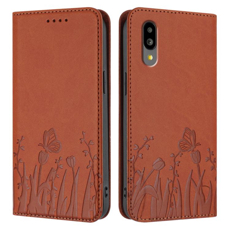 For Sharp Simple Sumaho 6 Tulips Butterfly Pattern Magnetic Vegan Leather Phone Case