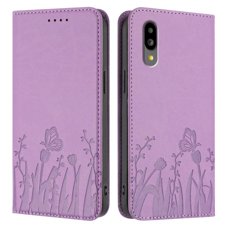 For Sharp Simple Sumaho 6 Tulips Butterfly Pattern Magnetic Vegan Leather Phone Case