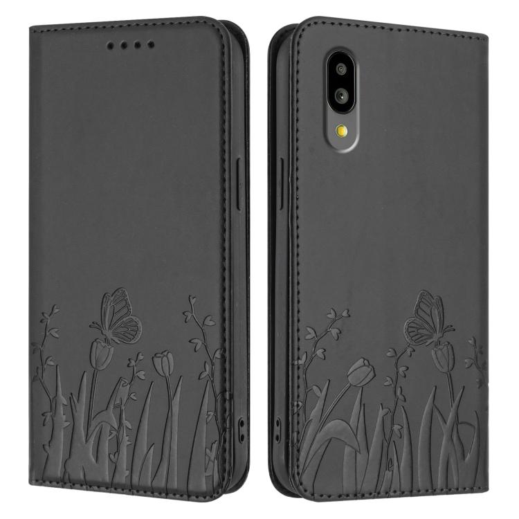 For Sharp Simple Sumaho 6 Tulips Butterfly Pattern Magnetic Vegan Leather Phone Case