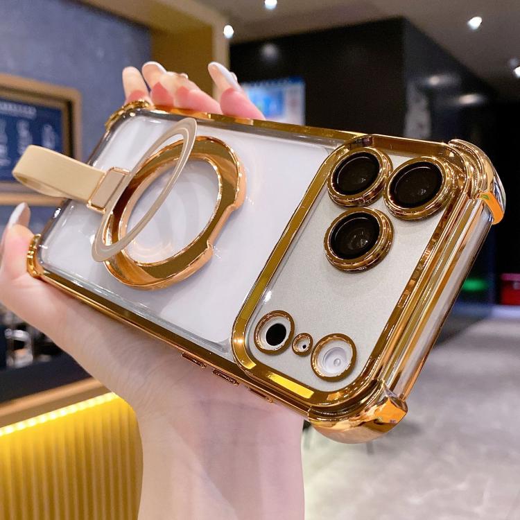 For iPhone 17 Pro Crystal Shield Ring Holde TPU + Acrylic Magnetic Phone Case