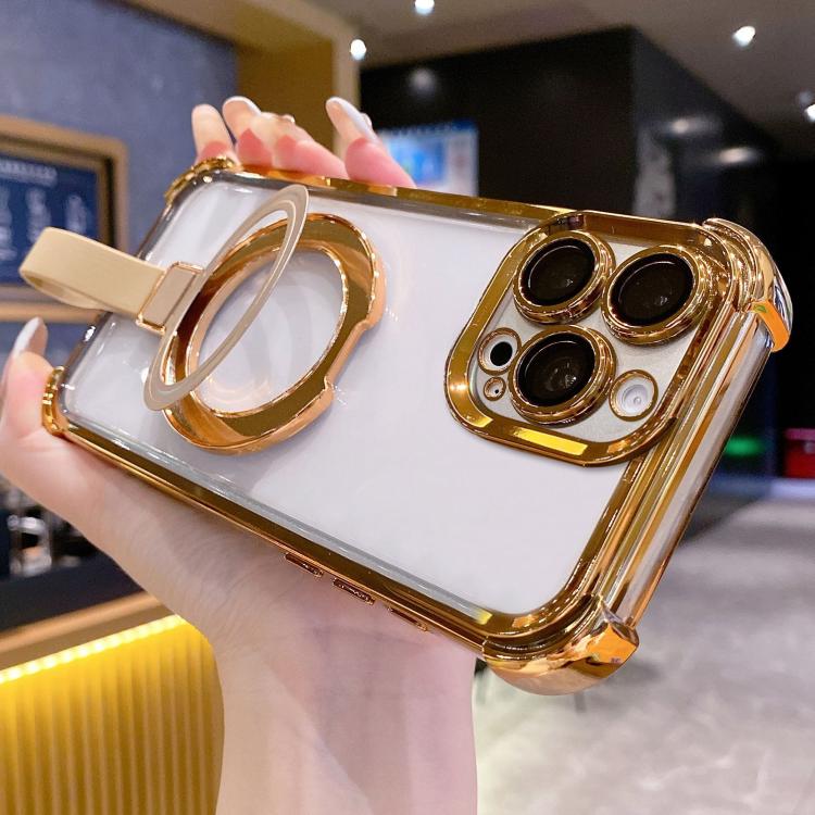 For iPhone 16 Pro Crystal Shield Ring Holde TPU + Acrylic Magnetic Phone Case