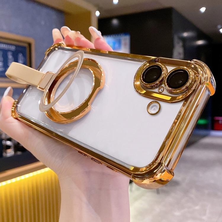 For iPhone 16 Plus Crystal Shield Ring Holde TPU + Acrylic Magnetic Phone Case