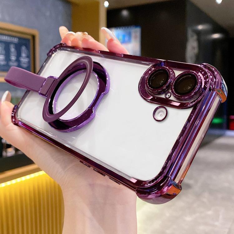 For iPhone 16 Crystal Shield Ring Holde TPU + Acrylic Magnetic Phone Case