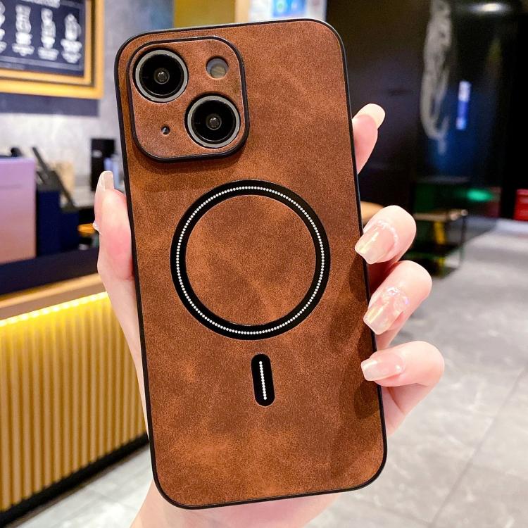For iPhone 14 Plus Lambskin Faux Leather Magnetic Phone Case
