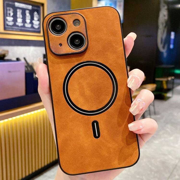 For iPhone 14 Plus Lambskin Faux Leather Magnetic Phone Case