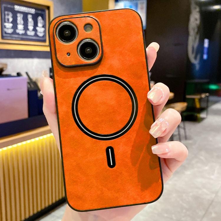 For iPhone 14 Plus Lambskin Faux Leather Magnetic Phone Case
