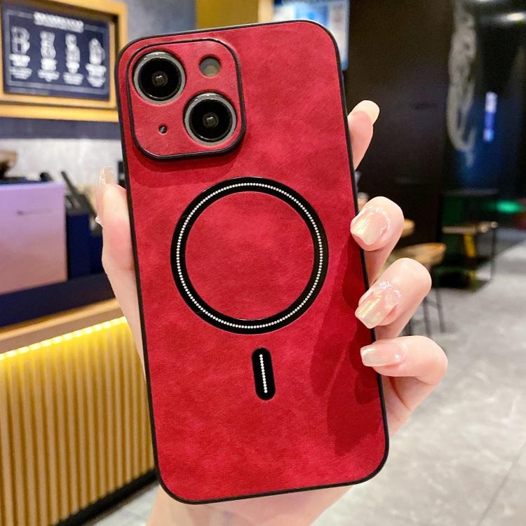 For iPhone 15 Lambskin Faux Leather Magnetic Phone Case