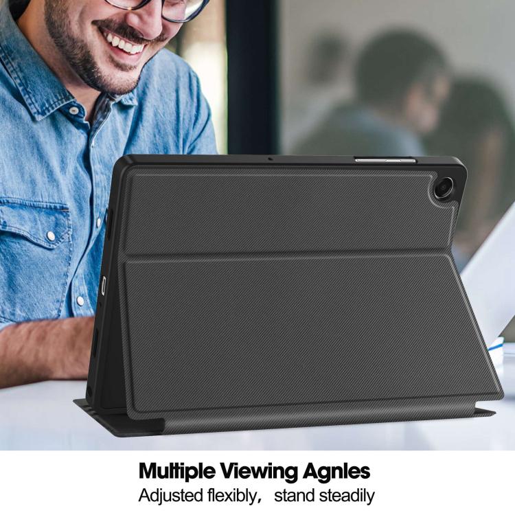 For Samsung Galaxy Tab A11+ Twill Fabric Vegan Leather Smart Tablet Case with Pen Tray & Holder