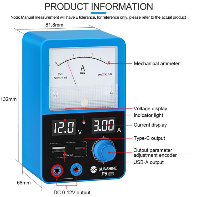 SUNSHINE P5 Mini 5V / 3A Dual Display Smart Power Supply with Pointer-type Ammeter, Plug:US Plug