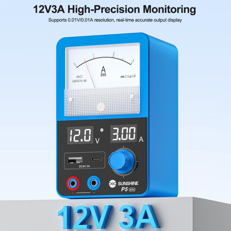 SUNSHINE P5 Mini 5V / 3A Dual Display Smart Power Supply with Pointer-type Ammeter, Plug:EU Plug