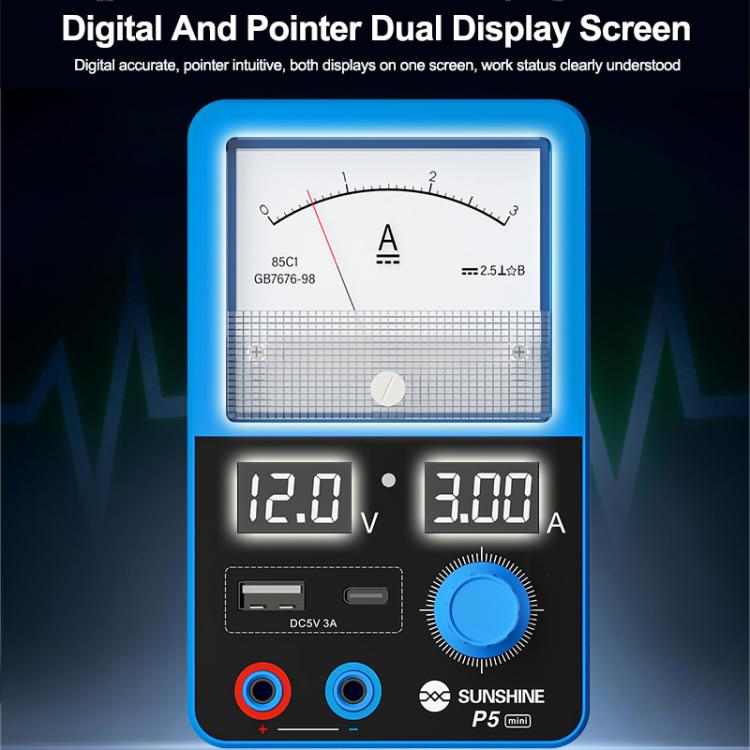 SUNSHINE P5 Mini 5V / 3A Dual Display Smart Power Supply with Pointer-type Ammeter, Plug:US Plug