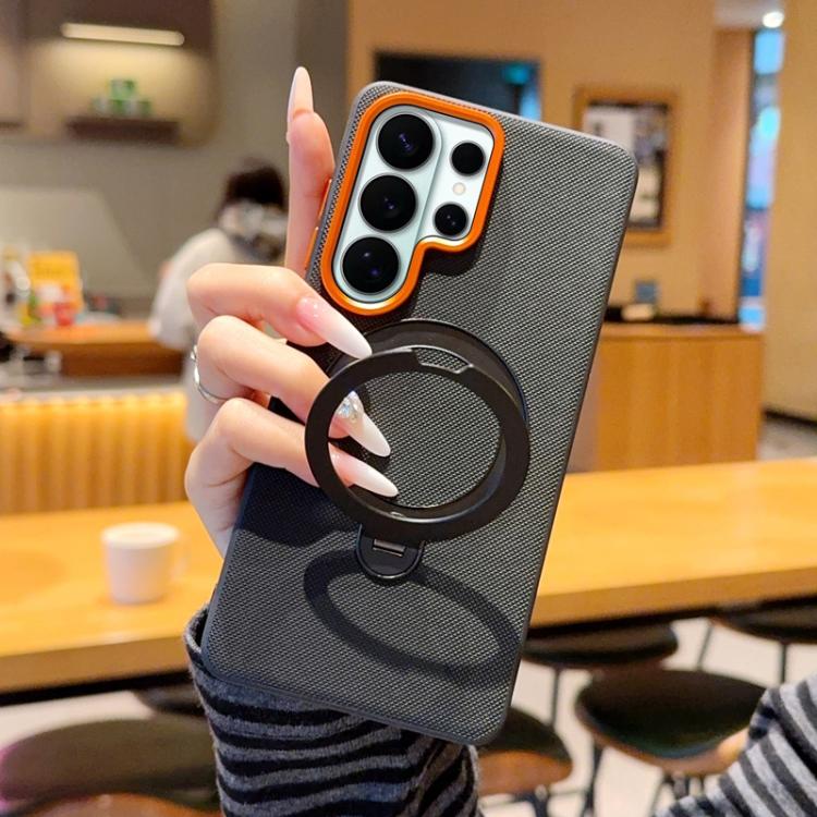 For Samsung Galaxy S26 Ultra 5G Rotating Holder PC + TPU Vegan Leather Magnetic Phone Case