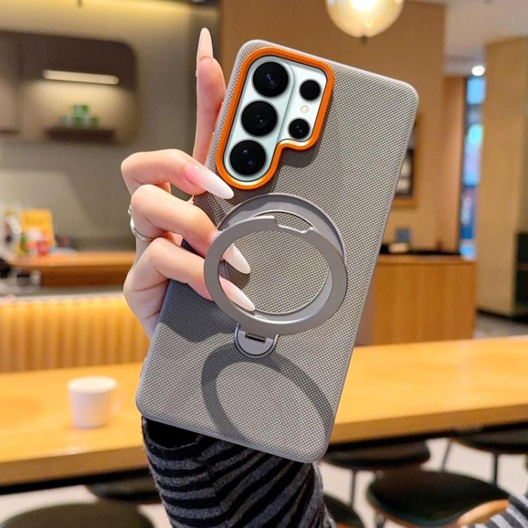 For Samsung Galaxy S26 Ultra 5G Rotating Holder PC + TPU Vegan Leather Magnetic Phone Case